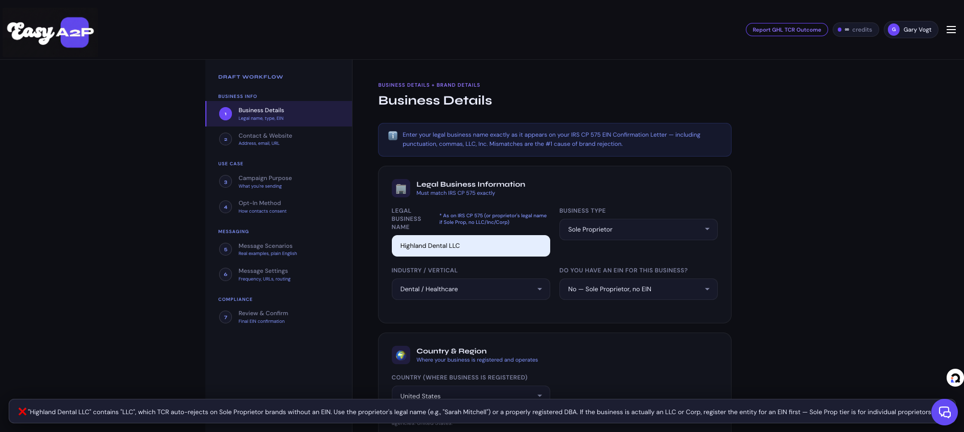 Easy A2P's copy review system hard-blocking a Sole Proprietor registration where the Legal Business Name contains 'LLC'. Toast notification explains TCR auto-rejects names with corporation-suggesting terms on the Sole Prop tier.