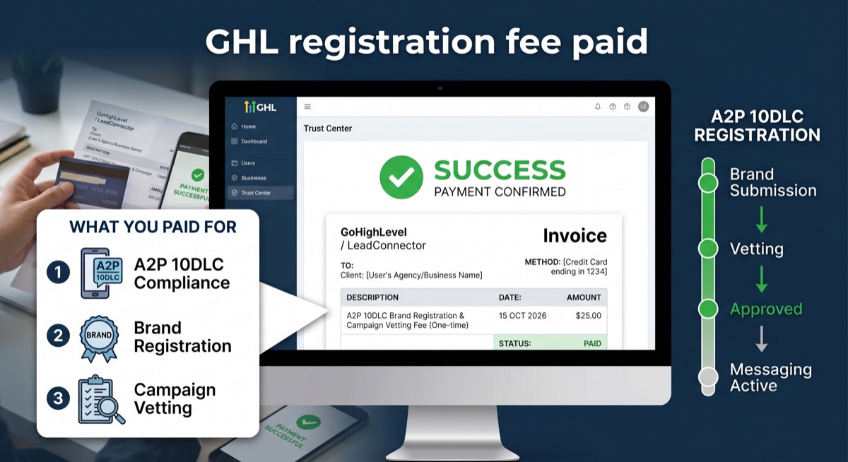 GoHighLevel A2P 10DLC registration fee paid — a $24.50 GHL Trust Center invoice covering Brand Registration and Campaign Vetting, beside the registration path from Brand Submission through Vetting and Approved to Messaging Active.