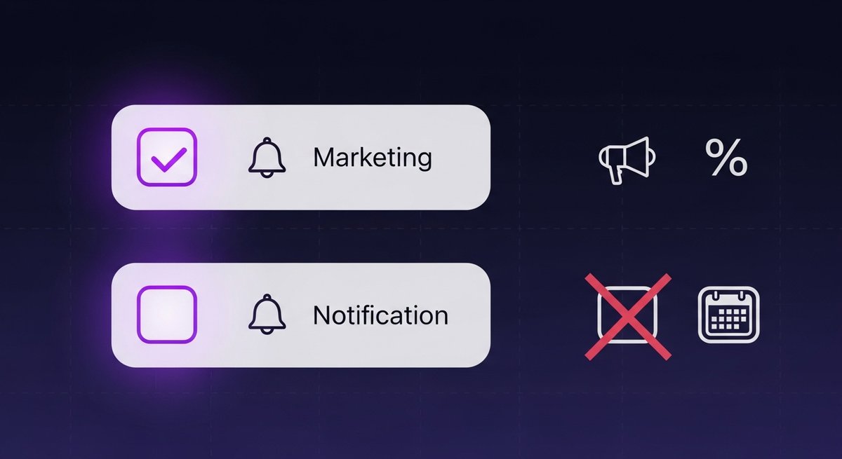 Marketing consent checkbox checked while a separate notification checkbox stays unchecked